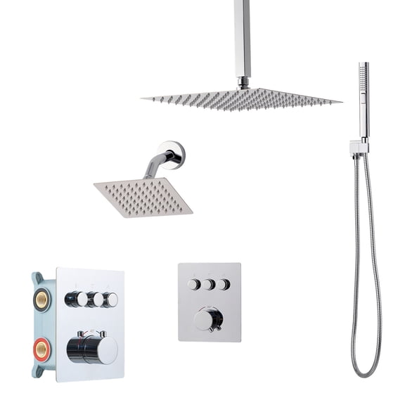 KFFKFF 12-Inch Thermostatic Ceiling Rain Shower System with Wall-Mounted Head and 2-in-1 Handheld Spray, 3-Function Dual Showerhead with Brass Valve and Trim Kit, Chrome Finish