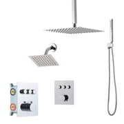 KFFKFF 12-Inch Thermostatic Ceiling Rain Shower System with Wall-Mounted Head and 2-in-1 Handheld Spray, 3-Function Dual Showerhead with Brass Valve and Trim Kit, Chrome Finish