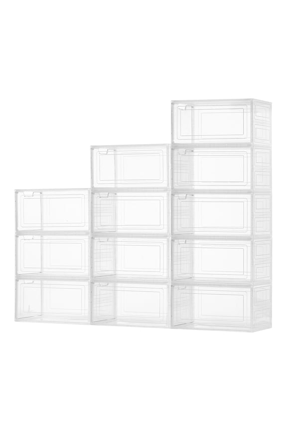 12-Pack Clear Stackable Shoe Storage Boxes with Magnetic Doors, Fits Up to US Size 13, Plastic Containers for Sneakers, High Heels, Boots, and Hats, Transparent White