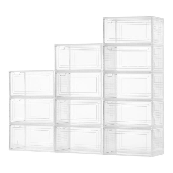KFFKFF 12-Pack Clear Stackable Shoe Storage Boxes with Magnetic Doors, Fits Up to US Size 13, Plastic Containers for Sneakers, High Heels, Boots, and Hats, Transparent White