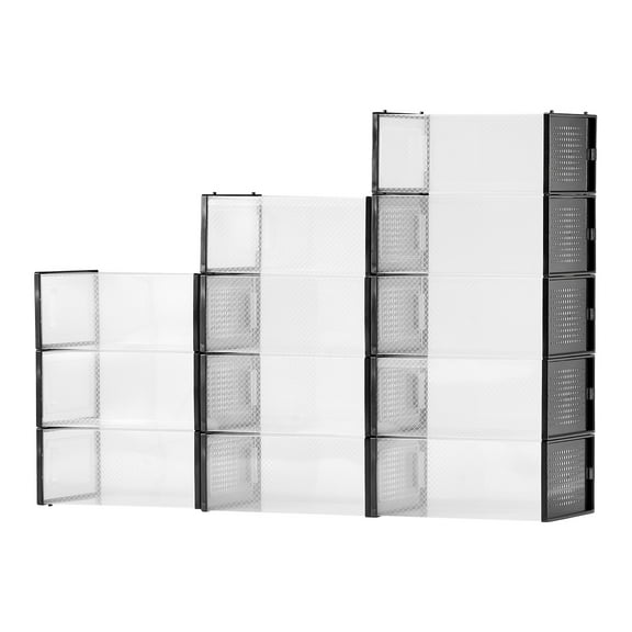 KFFKFF 12 Pack Stackable Shoe Storage Boxes, Modular Plastic Organizers for Shoes, Fits Up to US Size 11, Ideal for High Heels, Boots, Hats, and More, Black Frame