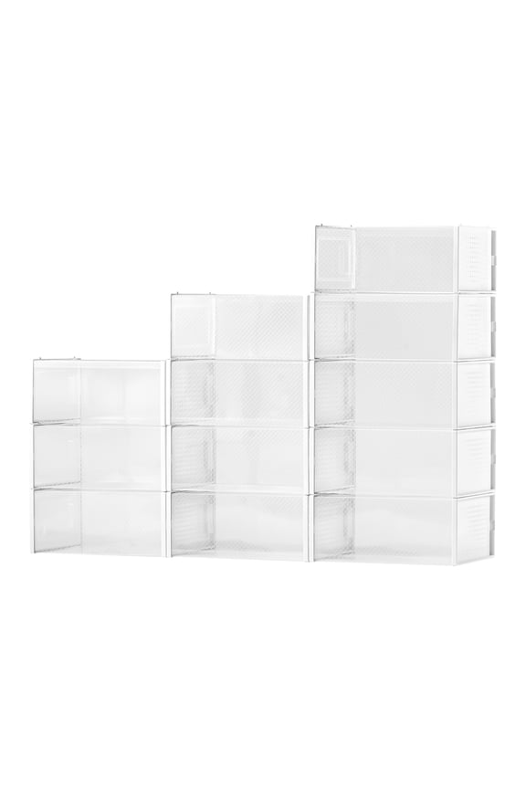 12 Pack Stackable Shoe Storage Boxes, Modular Plastic Organizers for Shoes, High Heels, Boots, and Hats, Fits up to US Size 11, Space-Saving Design with White Frame