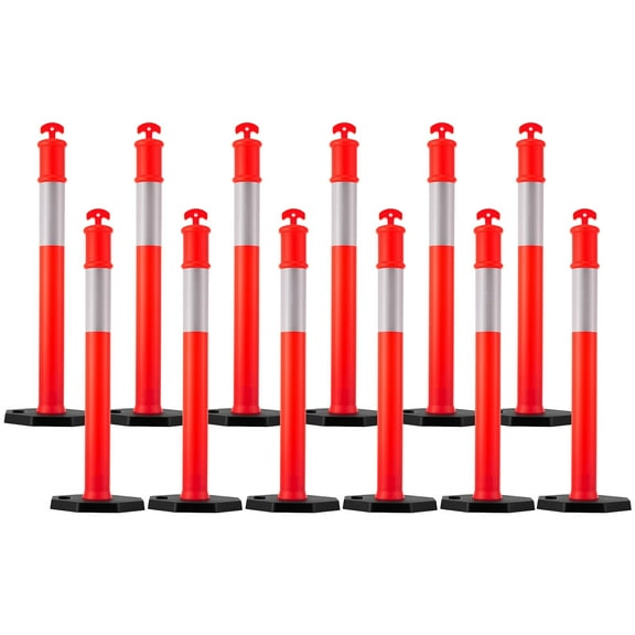 KFFKFF 12 Pack Traffic Delineator Posts, 48-inch Safety Cones with Weighted Base and Reflective Strips, Durable Posts for Construction Areas, Parking Spaces, and Crowd Management, Red