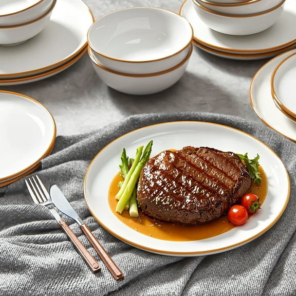 KFFKFF 12-Piece Ceramic Dinnerware Set for 4, Includes Round Plates and Bowls, Scratch Resistant, Dishwasher and Microwave Safe, Ideal for Serving Dessert, Salad, Soup, and Pasta, White