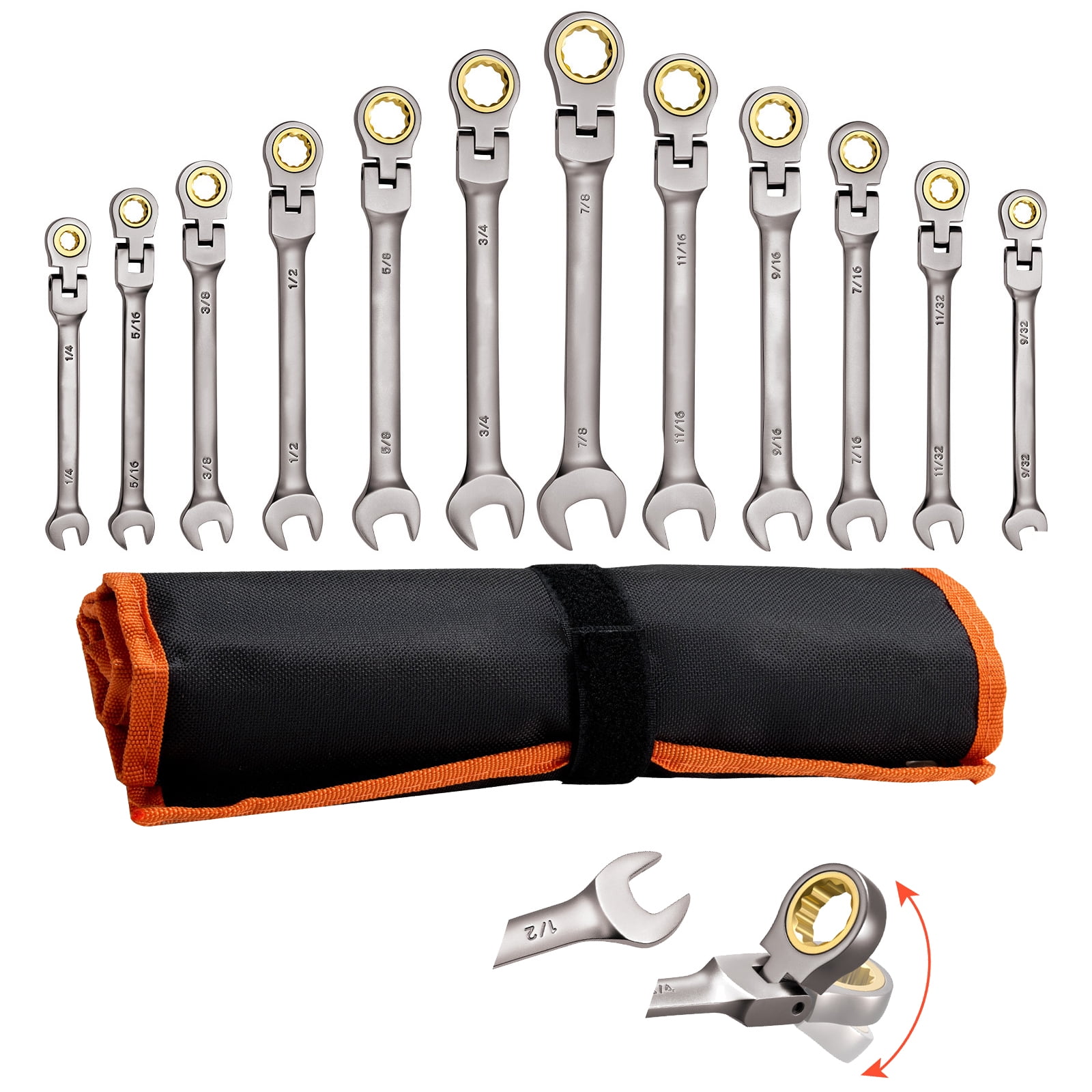 KFFKFF 12-Piece Flex-Head Ratcheting Wrench Set, SAE Sizes, 72-Tooth Cr-V Steel Combination Wrenches with Roll-Up Pouch, Ideal for Household and Automotive Maintenance, Gray Nickel Finish