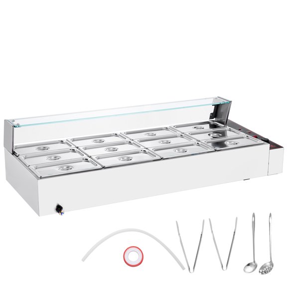 KFFKFF 12-Section Electric Food Heating Station, 12 x 5QT, 1700W, Stainless Steel Buffet Server with Glass Lid, Temperature Range 86-185F, Ideal for Catering and Dining Establishments, Silver
