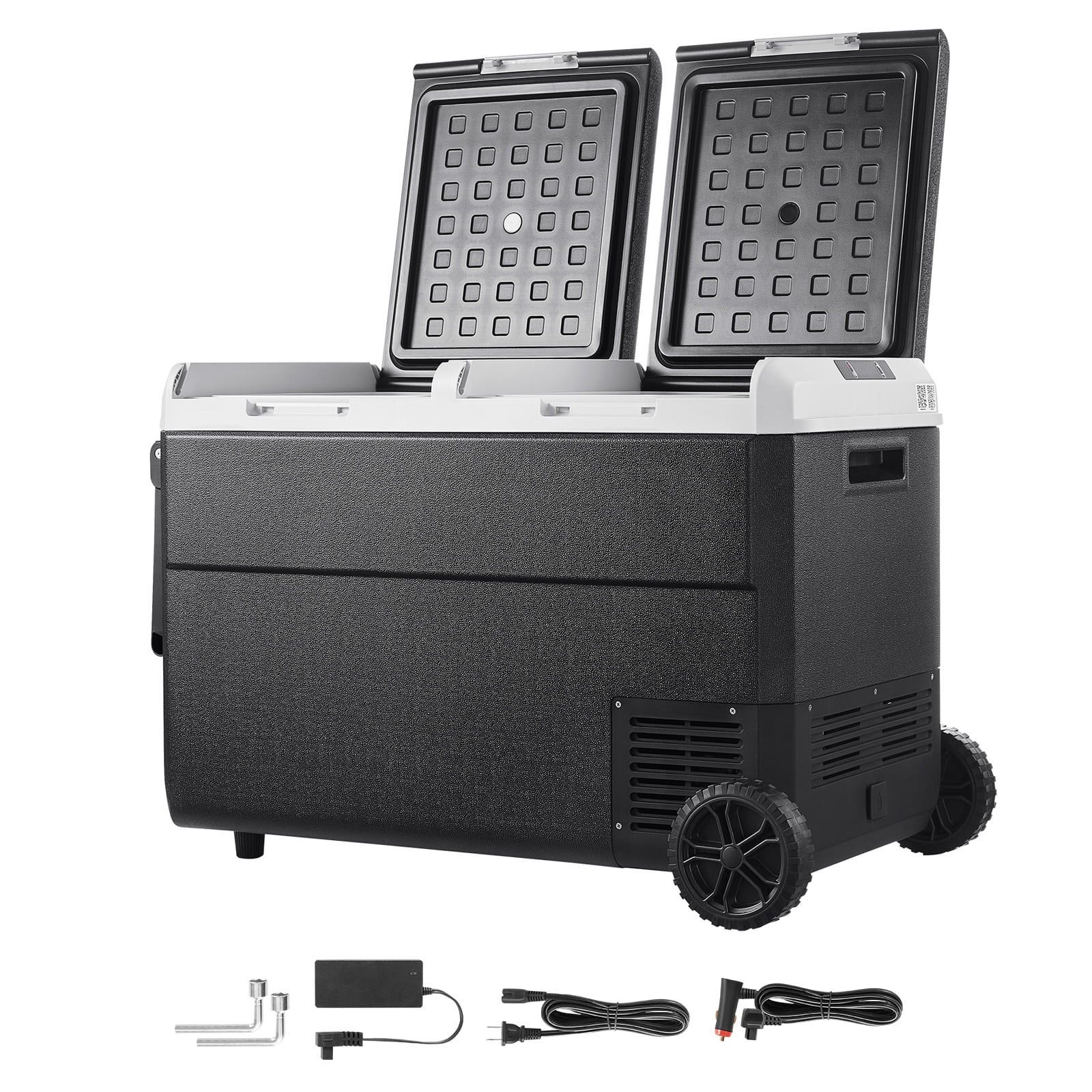 KFFKFF 12 Volt Portable Car Refrigerator, 100.4QT/95L Dual Zone Electric Cooler with Wheels and Handle, -4℉~68℉, 12/24V DC and 100-240V AC Compressor Freezer for Camping, Travel, RV, and Outdoor Use