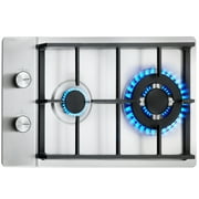 KFFKFF 12-inch Gas Cooktop, Stainless Steel Built-in Gas Stove Top with 2 Burners, Maximum 12250BTU, Dual Fuel LPG/NG Convertible, Thermocouple Protected, Suitable for Outdoor, Kitchen, Camping, RV