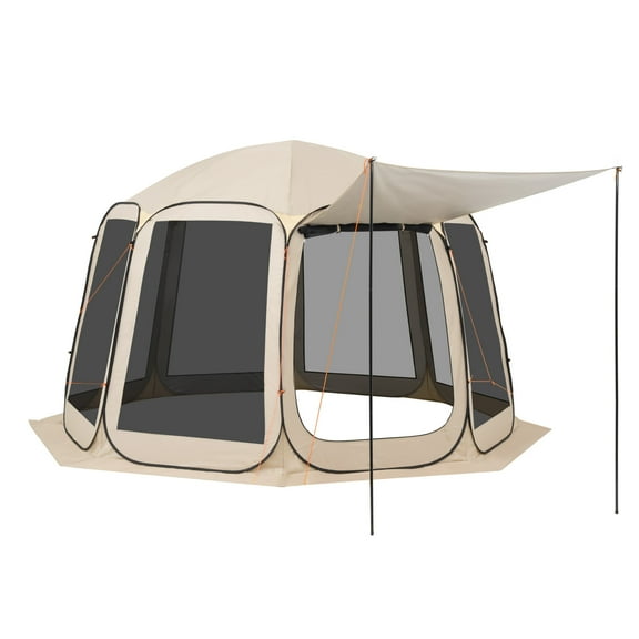 KFFKFF 12 x 11 ft Screen House Tent, Pop-Up Canopy for 10-12 People with Awning, Portable Shelter with Netting and Carry Bag, Ideal for Patio, Backyard, and Outdoor Events, Beige