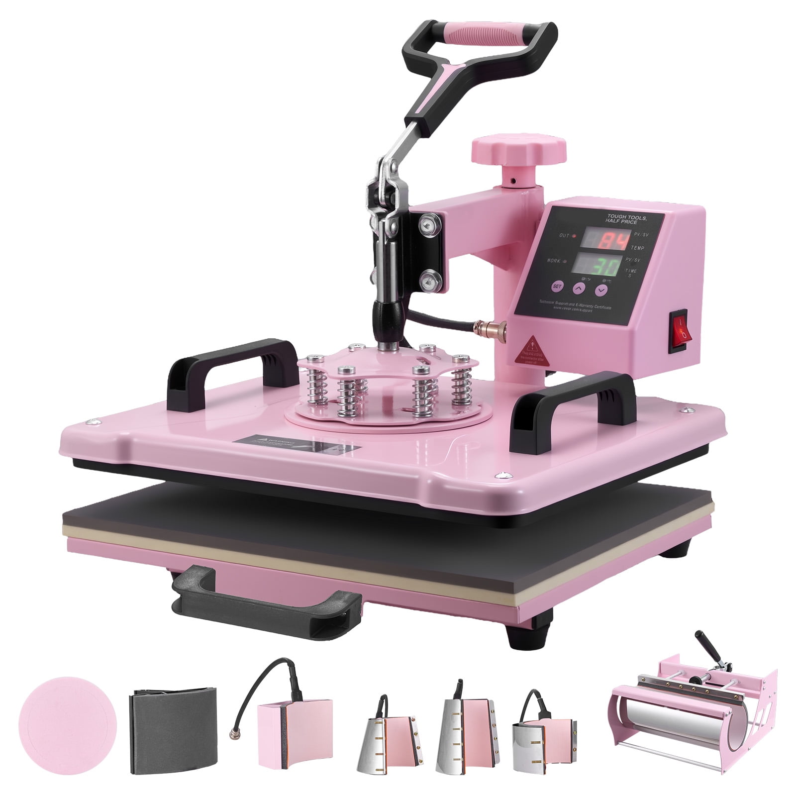 KFFKFF 12 x 15 inch Heat Press Machine, 8 in 1 Transfer Tool with Tumbler Press for 6-30 oz, 360° Swing Away Design, Digital Control Panel, Suitable for T-Shirts, Mugs, Hats, and Plates, Pink