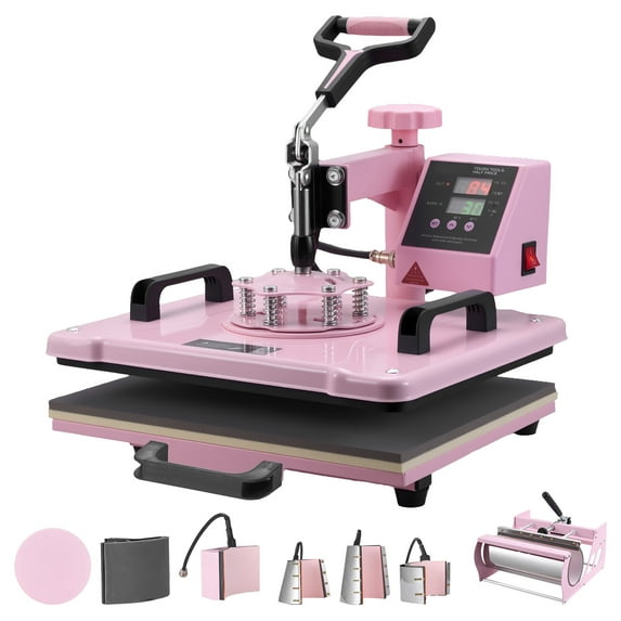 KFFKFF 12 x 15 inch Heat Press Machine, 8 in 1 Transfer Tool with Tumbler Press for 6-30 oz, 360° Swing Away Design, Digital Control Panel, Suitable for T-Shirts, Mugs, Hats, and Plates, Pink