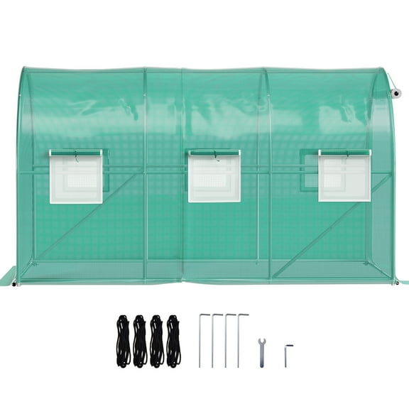 KFFKFF 12 x 7 x 7 ft Stroll-in Tunnel Greenhouse, Movable Plant Warm House with Zinc-coated Steel Hoops, 1 Upper Beams, 2 Slanting Poles, 2 Zipped Entrances & 6 Roll-up Panes, Green