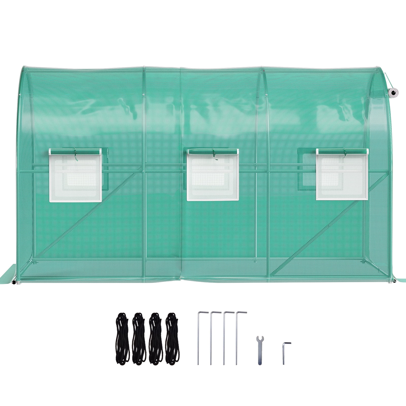 KFFKFF 12 x 7 x 7 ft Walk-in Tunnel Greenhouse, Portable Plant Shelter with Galvanized Steel Hoops, Top Beam, Diagonal Poles, Zippered Door & Roll-up Windows, Green