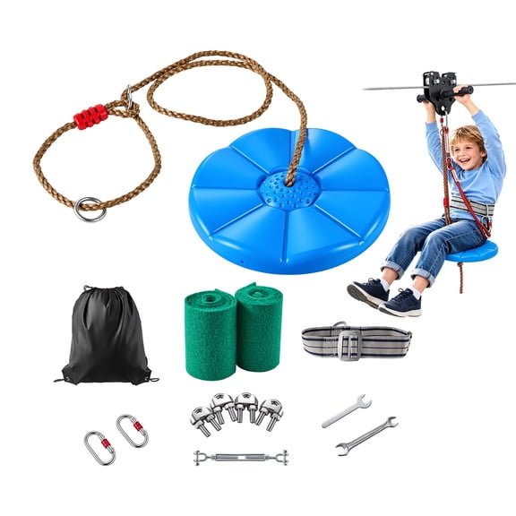KFFKFF 120 ft Zipline Kit with 6 mm Steel Cable, Outdoor Zipline for Kids, Supports Up to 330 lb, Includes 6.9 ft Spring Brake, Detachable Trolley & Swing Seat, Suitable for Ages 6-16