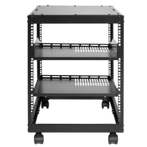 KFFKFF 12U Server Stand, Open Structure Network Stand, Wall Hanging Design with 2 Airflow Rack Trays & 4 Wheels, 23''-40'' Flexible Depth for Networking AV Equipment & Mounting Hardware Audio
