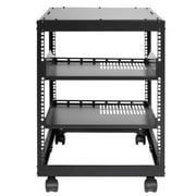 KFFKFF 12U Server Stand, Open Structure Network Stand, Wall Hanging Design with 2 Airflow Rack Trays & 4 Wheels, 23-40 Flexible Depth for Networking AV Equipment & Mounting Hardware Audio
