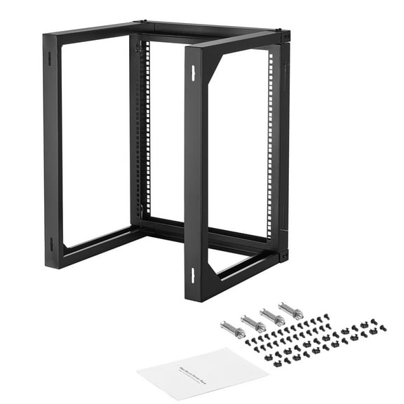 KFFKFF 12U Wall Mount Server Rack, 150 lbs Load Capacity, Open Frame Design with 180° Swing Gate, Durable Carbon Steel, Compatible with 19-Inch IT Network and AV Equipment, Black