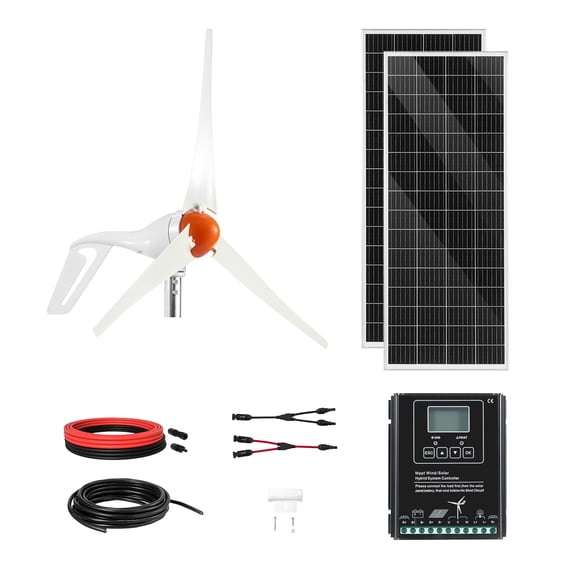 KFFKFF 12V 400W Solar and Wind Power Kit, Includes 2 x 100W Monocrystalline Solar Panels, 200W Wind Turbine, and MPPT Hybrid Controller for Home, RV, Boat, Camping, and Off-Grid Use