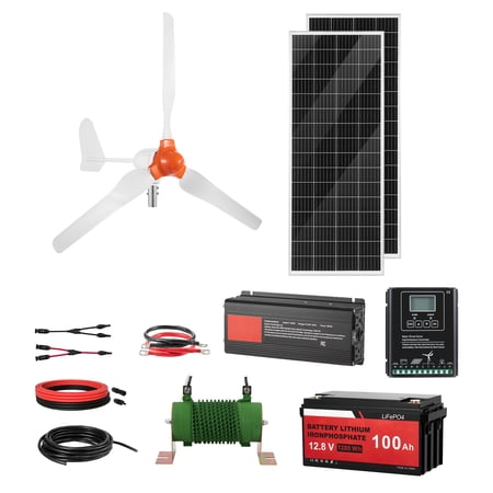 KFFKFF 12V 600W Renewable Energy Kit, Includes 2 x 100W Solar Panels, 400W Wind Turbine, 12.8V 100Ah LiFePO4 Battery, 1000W Power Inverter, and MPPT Hybrid Controller