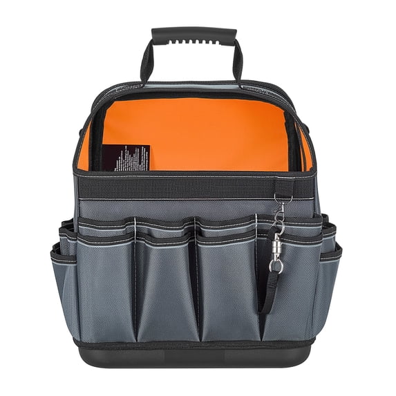 KFFKFF 13.2-Inch Tool Bag with 39 Pockets, Open Top Organizer for Tools, Durable Hard Plastic Base, Adjustable Shoulder Strap, Ideal for DIY Projects and Jobsite Maintenance
