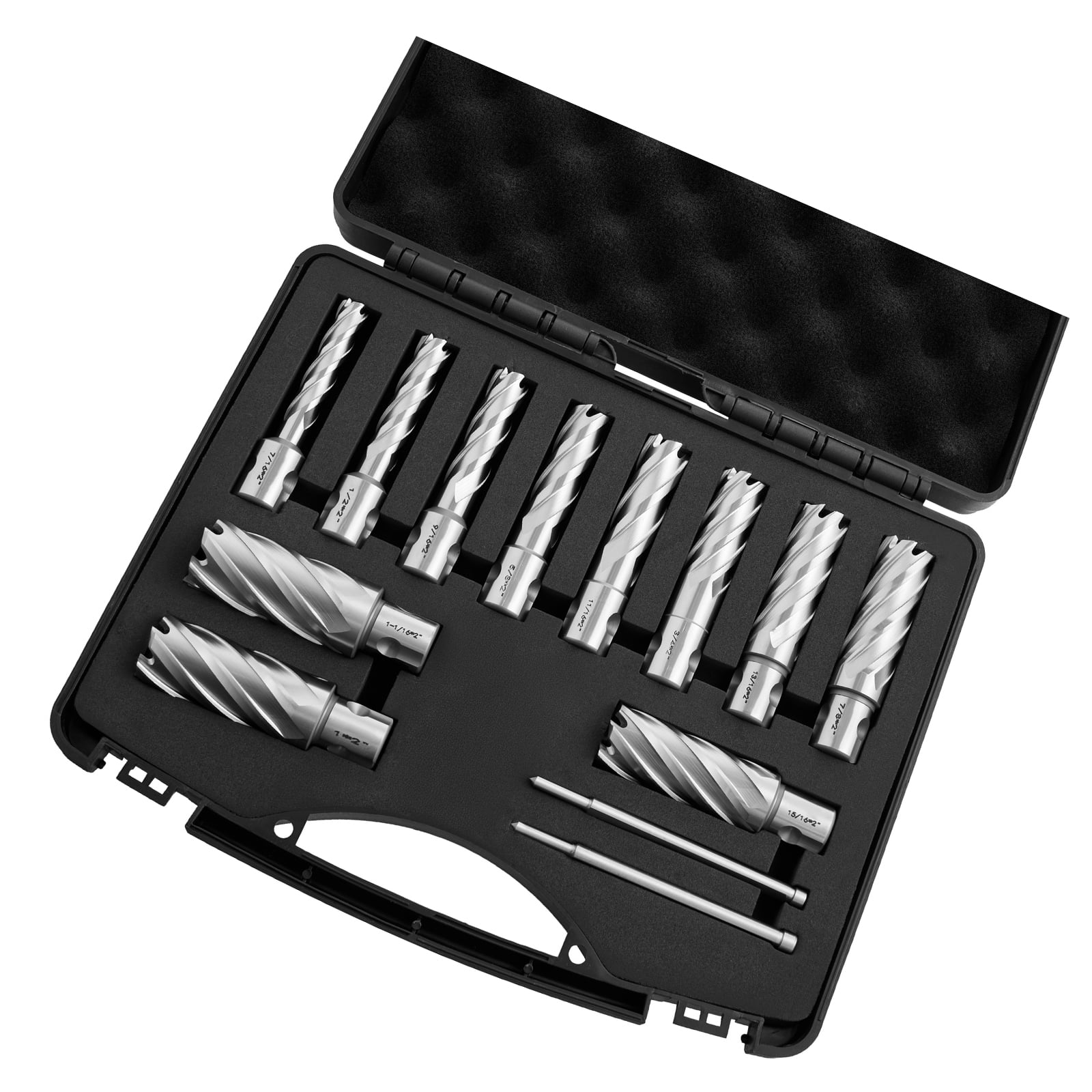 KFFKFF 13-Piece Annular Cutter Set, Universal Shank Drill Bit Kit, 2" Cutting Depth, 7/16" to 1-1/16" Diameter, HSS Material, Includes 11 Drill Bits, 2 Pilot Pins, and Plastic Case