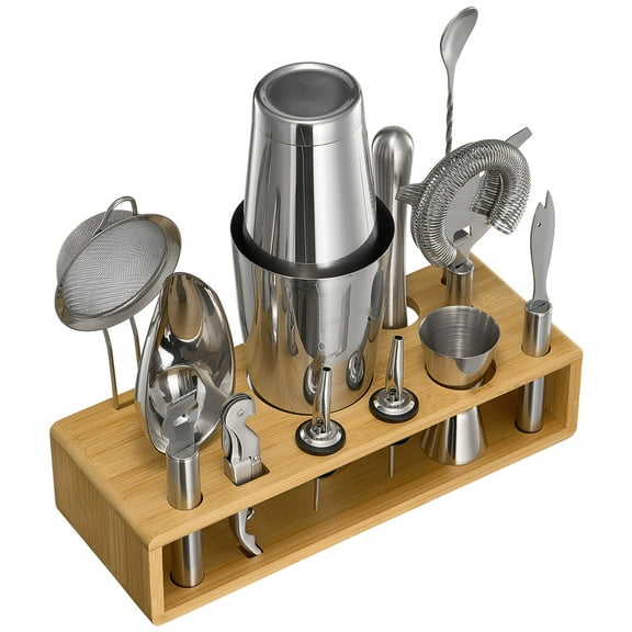 KFFKFF 13-Piece Stainless Steel Cocktail Shaker Set with Bamboo Stand, Complete Bar Tools Kit | Includes Mixing Spoon, Muddler, Jigger, Strainer, Pourers, Ice Scoop, and Lemon Zester