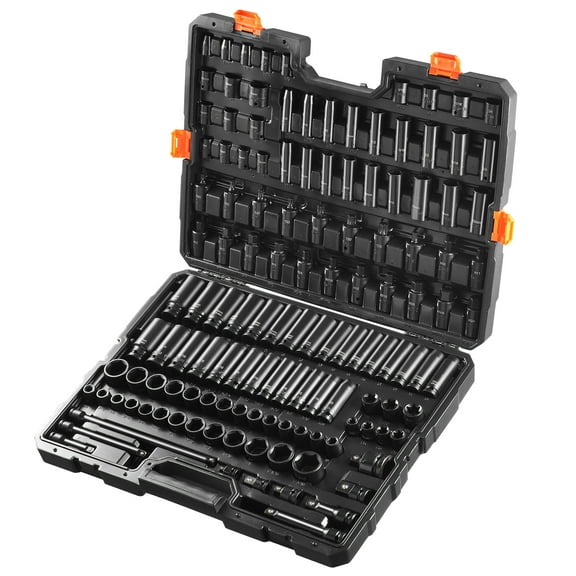 KFFKFF 130-Piece Impact Socket Set - 3/8" & 1/2" SAE & Metric Sizes - Durable Cr-Mo Steel for Vehicle Maintenance - Clear Size Markings - Comes with Convenient Storage Case