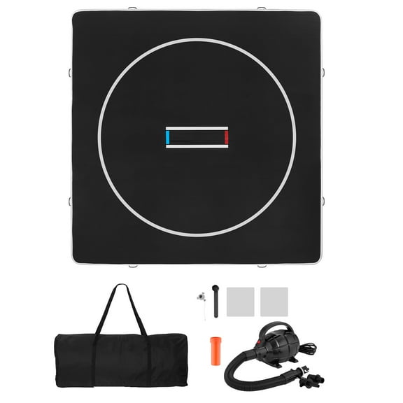KFFKFF 13x13 ft Inflatable Wrestling Mat, Durable PVC Training Mat with Circles and 600W Air Pump, Foldable Design for Home Gym, Martial Arts, Gymnastics, Jiu Jitsu, MMA, Judo, Black