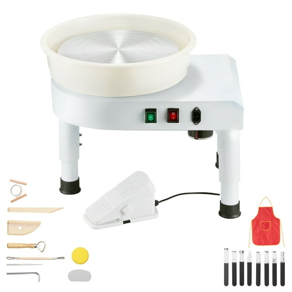 KFFKFF 14-Inch Pottery Wheel with Adjustable Speed, Foot Pedal Control, Height-Adjustable Legs, Detachable Basin, and Complete Tool Kit for DIY Ceramic Crafting, White