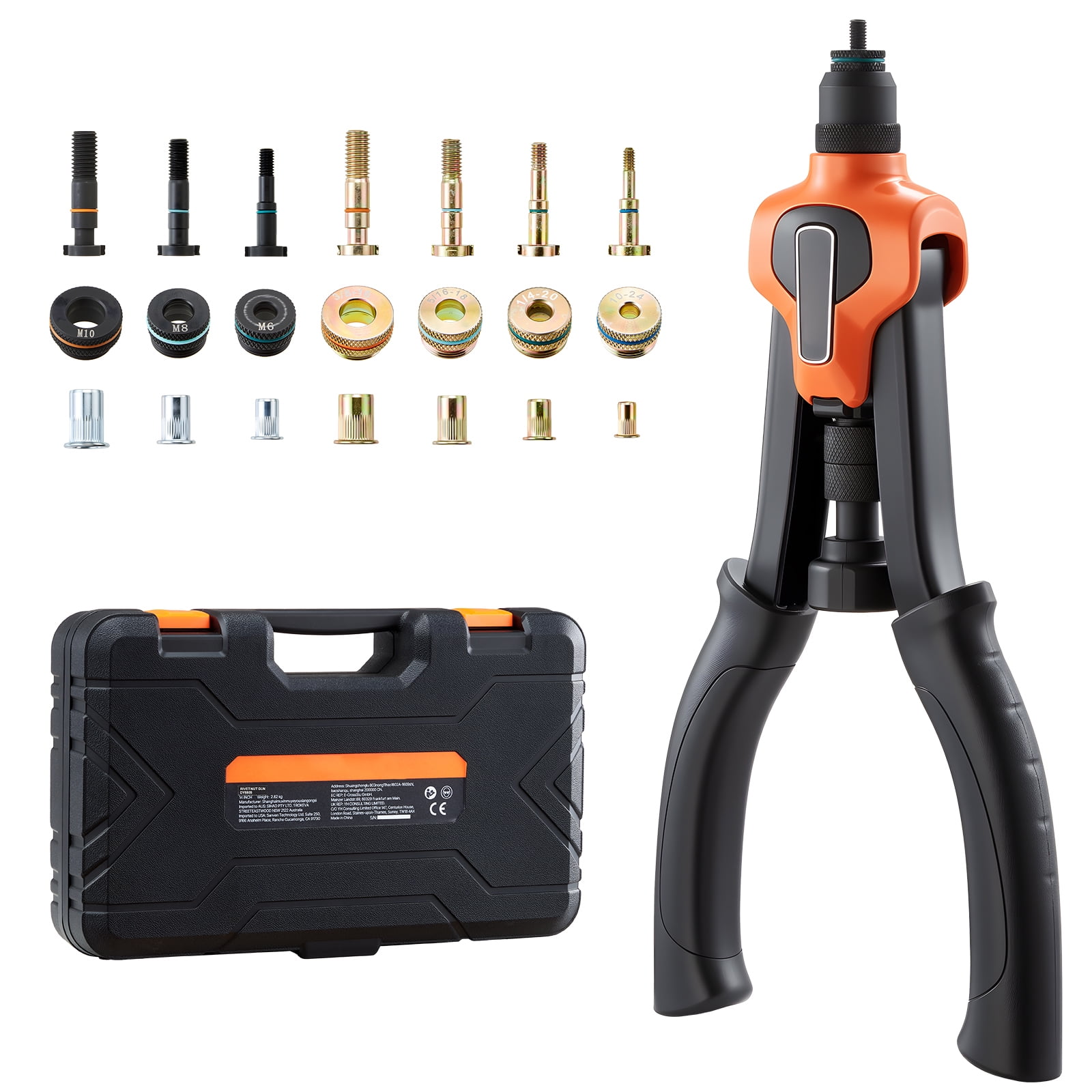 KFFKFF 14-Inch Rivet Nut Tool Kit, Two-Handed Design, Includes 7 Mandrels and 70 Rivet Nuts, Compatible with Metric and SAE Sizes M6, M8, M10, 10-24, 1/4-20, 5/16-18, 3/8-16 UNC