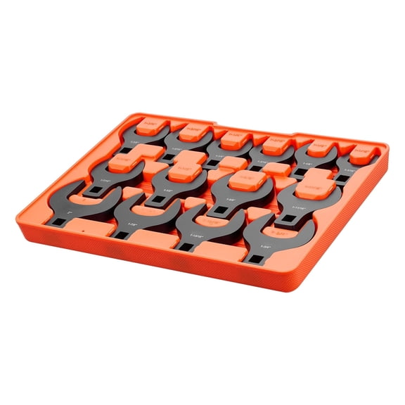 KFFKFF 14-Piece Crowfoot Wrench Set, 1/2" Drive, SAE Sizes 1-1/16" to 2", Includes Storage Tray, Dual Markings on Tools and Tray, Ideal for Automotive Maintenance and Repairs