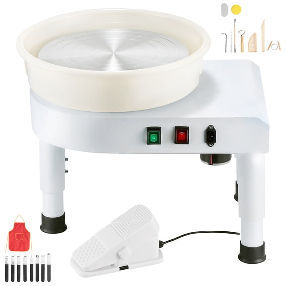 KFFKFF 14-inch Pottery Wheel with Adjustable Speed, Foot Pedal Control, Detachable Basin, Adjustable Legs, and Full Accessories for Home Pottery and DIY Projects, White