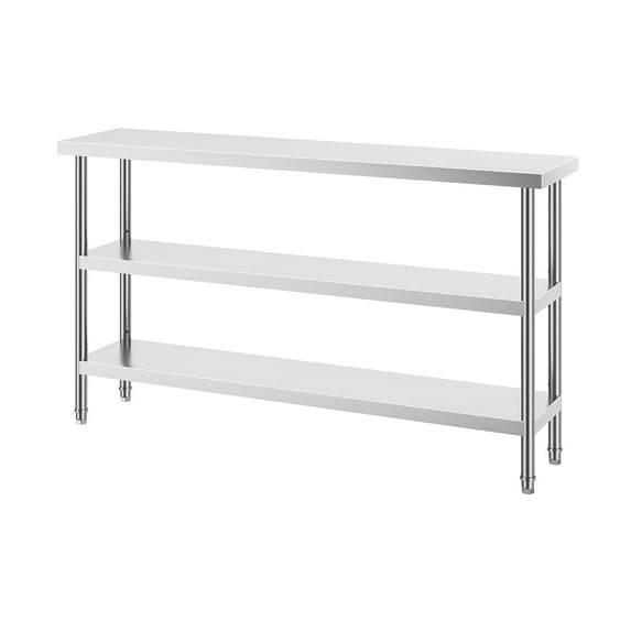 KFFKFF 14" x 60" Stainless Steel Work Table, Food Preparation Table with Adjustable Shelves, Robust Prepping Table Metal Workstation for Kitchen, Restaurant, Home, Hotel