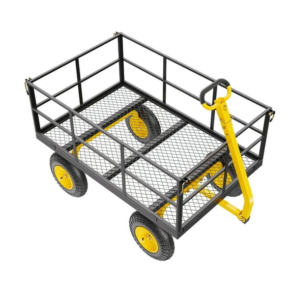KFFKFF 1400 Lbs Steel Garden Cart, Heavy Duty Pullable Yard Wagon, 2-in-1 Outdoor Utility Cart with 13" All-Terrain Tires, Removable Mesh Sides, and 180 Rotating Handle