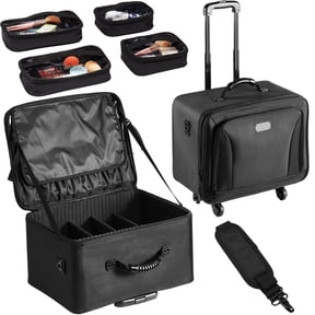 KFFKFF 15 Inch Makeup Train Case, 3-Shelf Individual Storage, Large Makeup Organizer with Wheels, Carry Handle and Strap Black