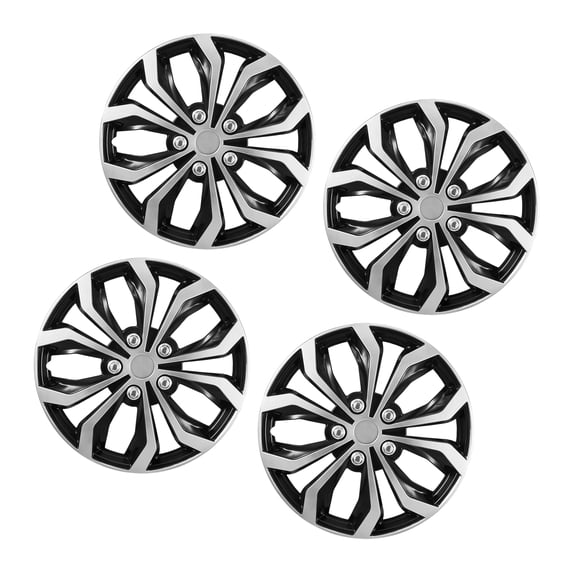 KFFKFF 15-Inch Set of 4 Wheel Covers, Snap-On Rim Caps for R15 Size Tires, Universal 10-Spoke ABS Hubcaps for Various Car Models, Silver/Black