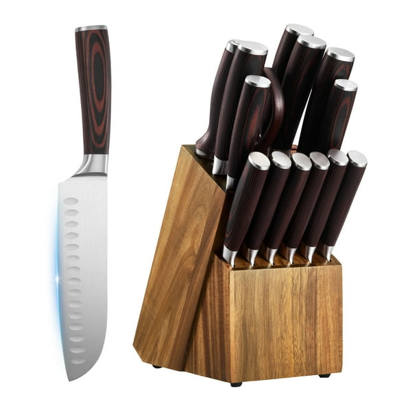 KFFKFF 15-Piece High Carbon Stainless Steel Knife Set with Wooden Block and Sharpener, Durable Kitchen Cutlery Featuring Ergonomic Handles, Rust-Resistant Design, Sharpening Rod, Ideal for Home Use