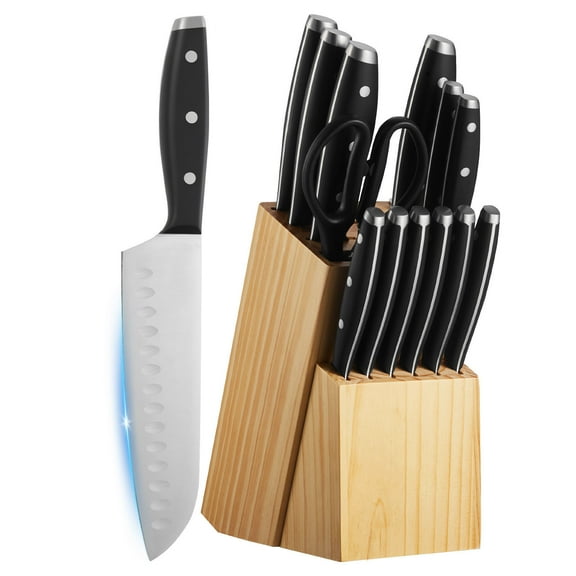 KFFKFF 15-Piece Kitchen Knife Set with Wooden Block and Sharpener, High Carbon Stainless Steel Blades, Ergonomic Handles, Sharpening Rod, and Durable Storage Block for Everyday Cooking