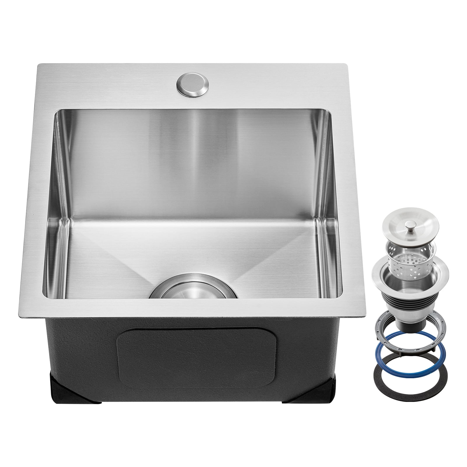 KFFKFF 15-inch Home Kitchen Sink Station, 304 Grade Stainless Steel Upper Mount Sink, Single Bowl Country Style Basin with Extras, Domestic Dishwashing Sink for Recreational Vehicle, Food Preparation