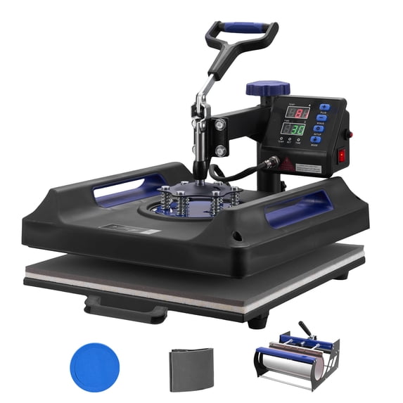 KFFKFF 15 x 15 inch Heat Press Machine, 5-in-1 Heat Transfer System with 30 oz Tumbler Attachment, 360° Swing-Away Design, Digital Controls, Teflon-Coated Surface, Black and Blue