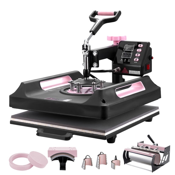 KFFKFF 15 x 15 inch Heat Press Machine, 8-in-1 Heat Transfer Equipment with 30 oz Tumbler Attachment, 360° Swing-Away Digital Press, Teflon-Coated Surface, Suitable for T-Shirts, Mugs, Hats, Plates