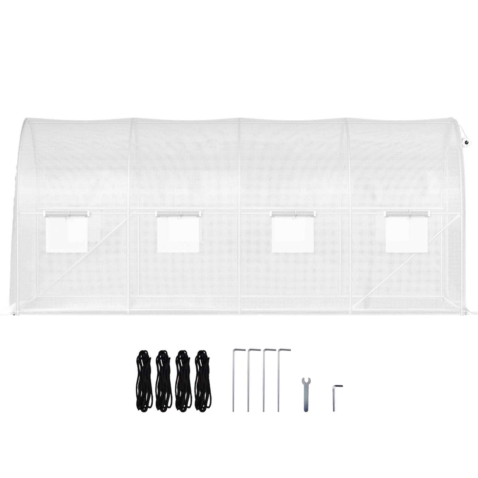 KFFKFF 15 x 6.5 x 7 ft Walk-through Tunnel Greenhouse, Movable Plant Warm House with Galvanized Steel Arches, Single Top Beam, Diagonal Rods, Zipper Entrance & 8 Roll-up Windows, White