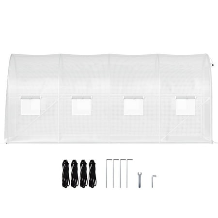 KFFKFF 15 x 6.5 x 7 ft Walk-through Tunnel Greenhouse, Movable Plant Warm House with Galvanized Steel Arches, Single Top Beam, Diagonal Rods, Zipper Entrance & 8 Roll-up Windows, White