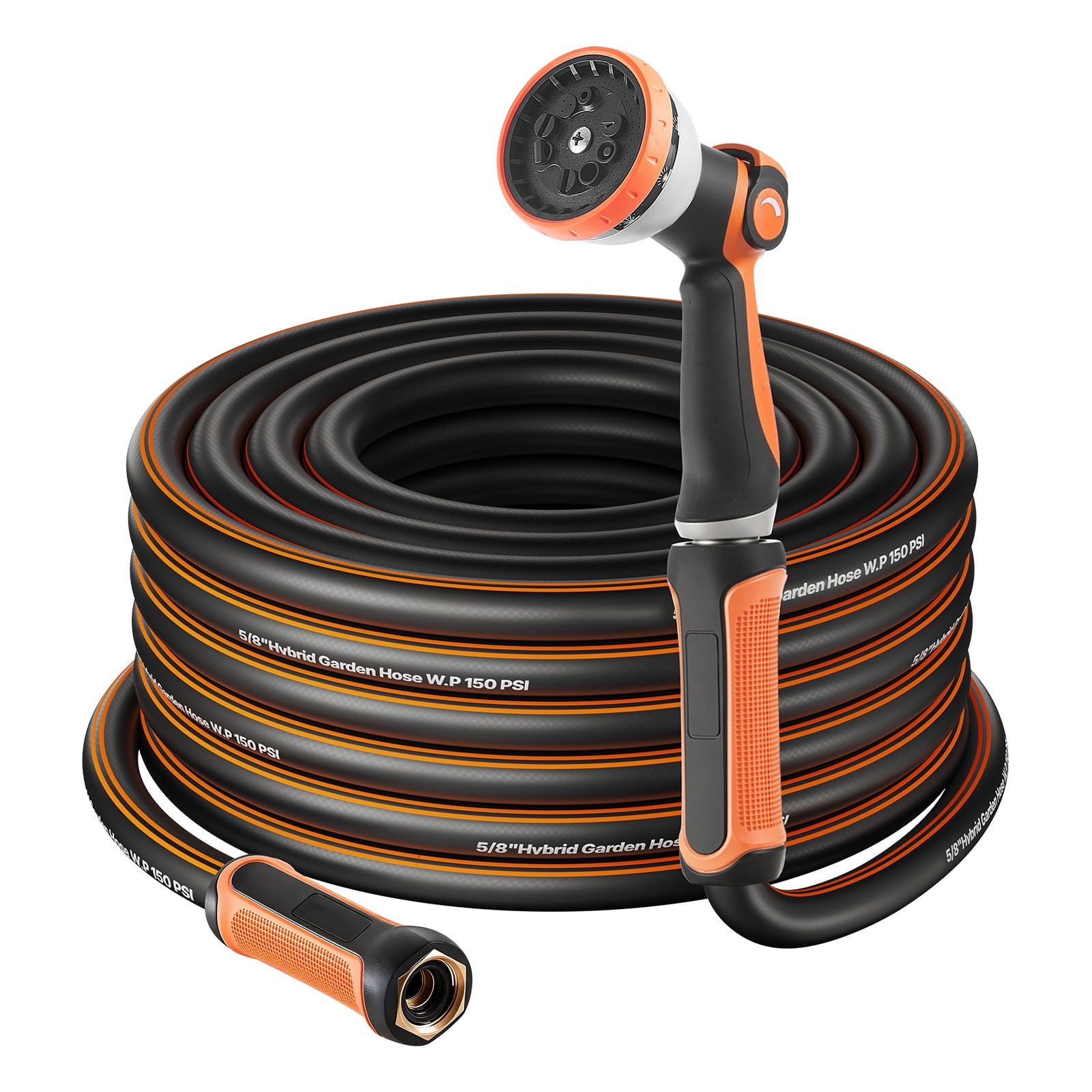 KFFKFF 150 ft 5/8" Heavy Duty Rubber Garden Hose with 10-Mode Spray Nozzle, 150PSI Working Pressure & 600PSI Burst Strength, Flexible Non-Kink Outdoor Water Hose with 3/4" Fittings, Lightweight