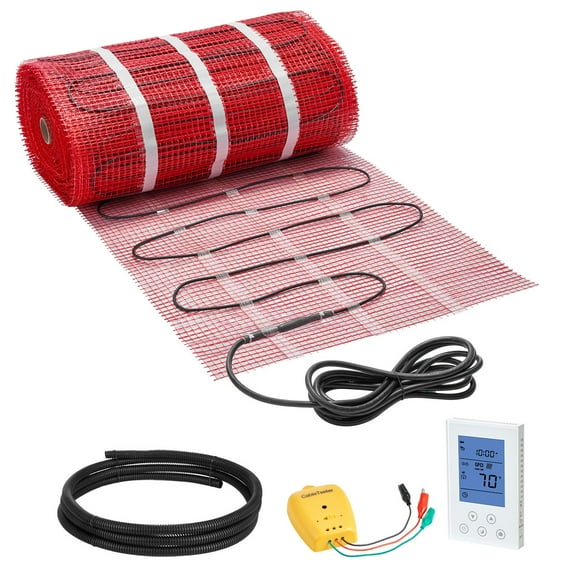 KFFKFF 150 sqft Self-Adhesive Electric Floor Heating Mat System, 120V Radiant Heating with Programmable Thermostat & Alarm, Simple Installation for Tile, Stone, and Vinyl Surfaces