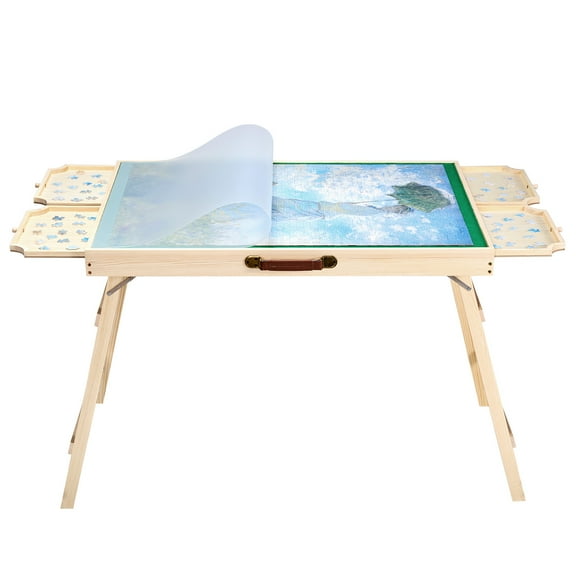 KFFKFF 1500-Piece Puzzle Table with Foldable Legs, 4 Storage Drawers, and Cover, 34x25 in Portable Wooden Board, Felt Surface for Jigsaw Puzzles, Adjustable 6-Tilting Angles, Ideal Gift