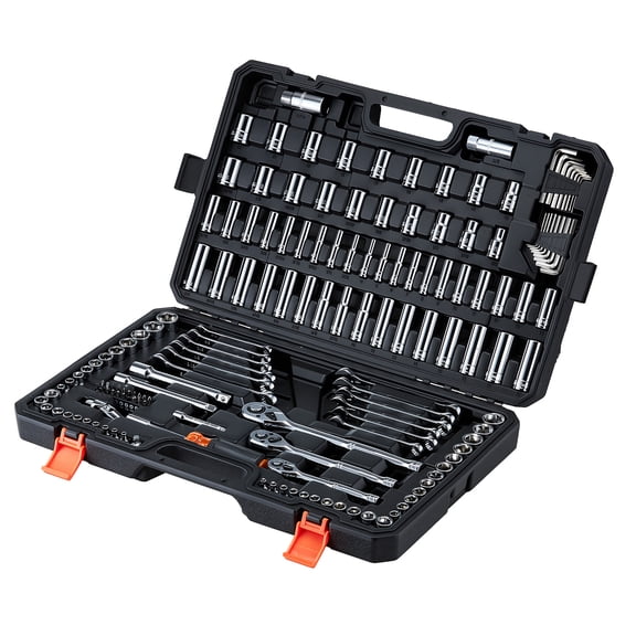 KFFKFF 159-Piece Mechanics Tool Kit, Includes 1/4 in, 3/8 in, and 1/2 in Drive, SAE and Metric Sockets, Wrenches, Screwdriver Bits, Accessories, and Durable Storage Case for Automotive Maintenance