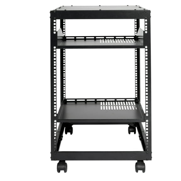 KFFKFF 15U Open Frame Server Rack, Adjustable Depth 23-40 in, Freestanding or Wall-Mount Network Rack, 4-Post AV Rack with Casters, Compatible with Networking Equipment, Routers, and Modems