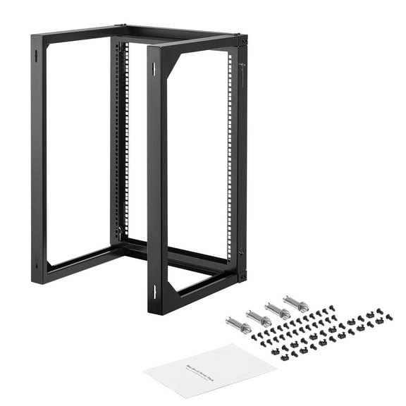 KFFKFF 15U Wall Mount Server Rack, 150 lbs Load Capacity, Open Frame Design with 180 Gate Swing, Durable Carbon Steel for 19-Inch Network and AV Equipment, Black