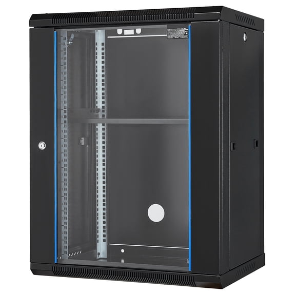 KFFKFF 15U Wall-Mounted Server Cabinet, Supports up to 500 lbs, Features Lockable Tempered Glass Door and Caster Wheels, Made of Q235 Carbon Steel, Ideal for IT and A/V Equipment